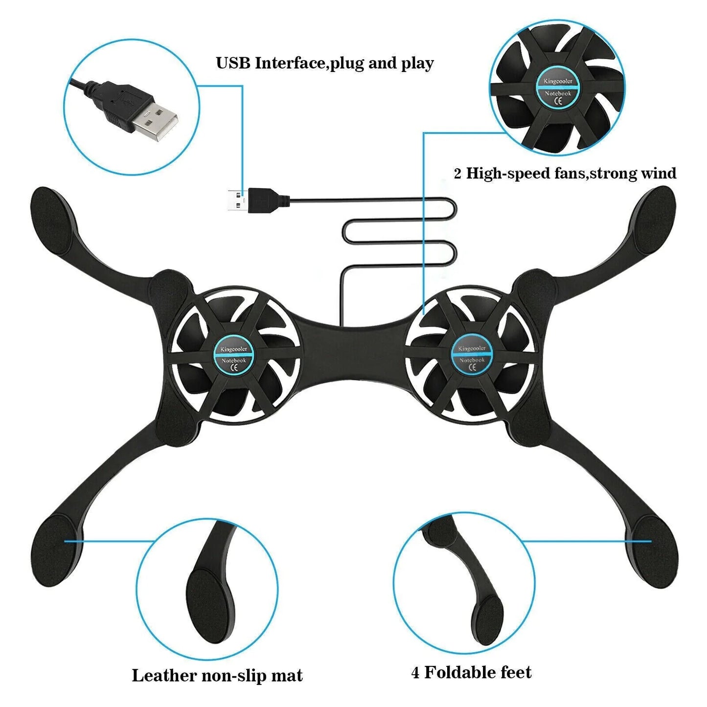 Dual USB Cooling Fan Pad Foldable Slim Fans Cooler Stand for Laptop PC Notebook