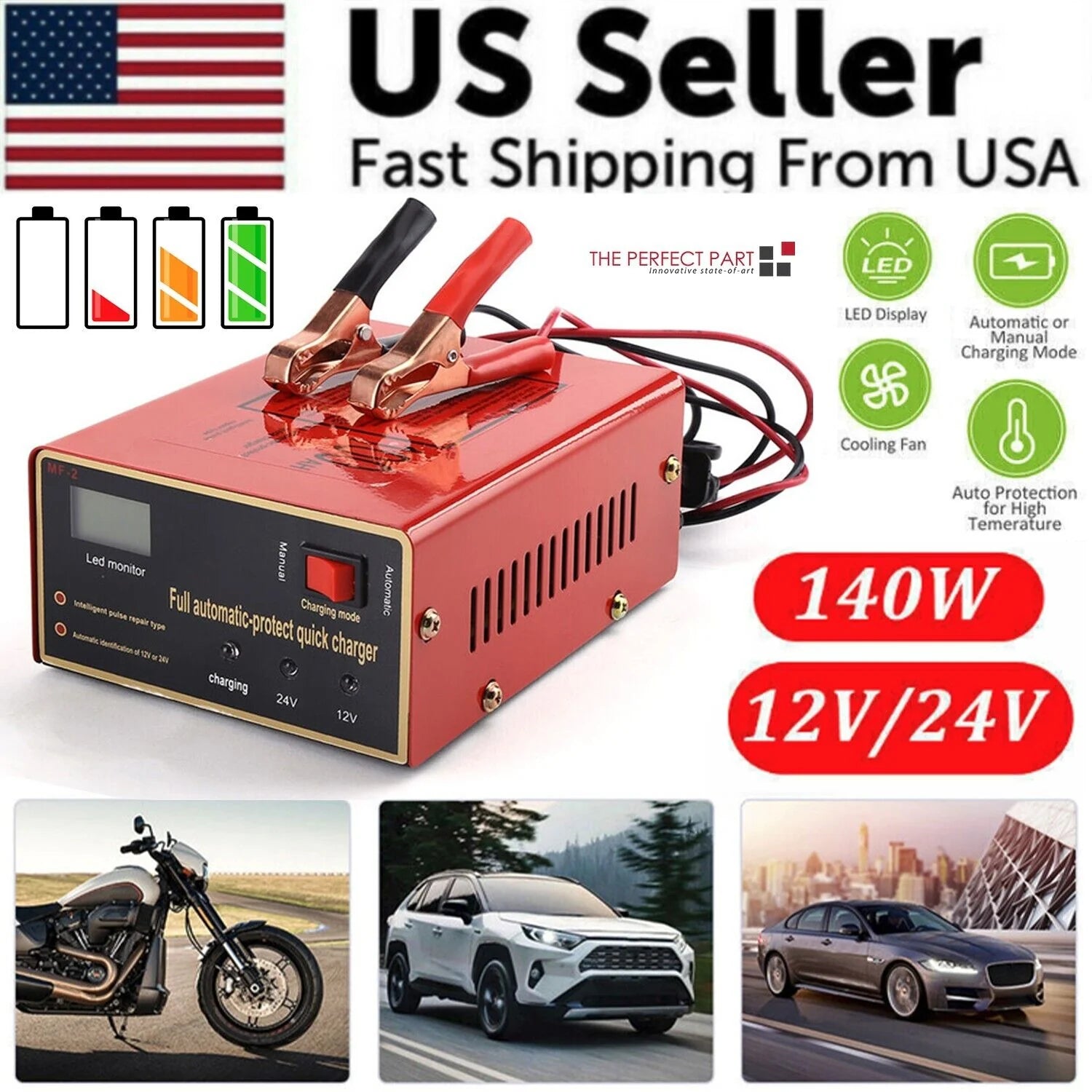 Maintenance Free Battery Charger 12V/24V 10A 140W Output for Electric Car Pro