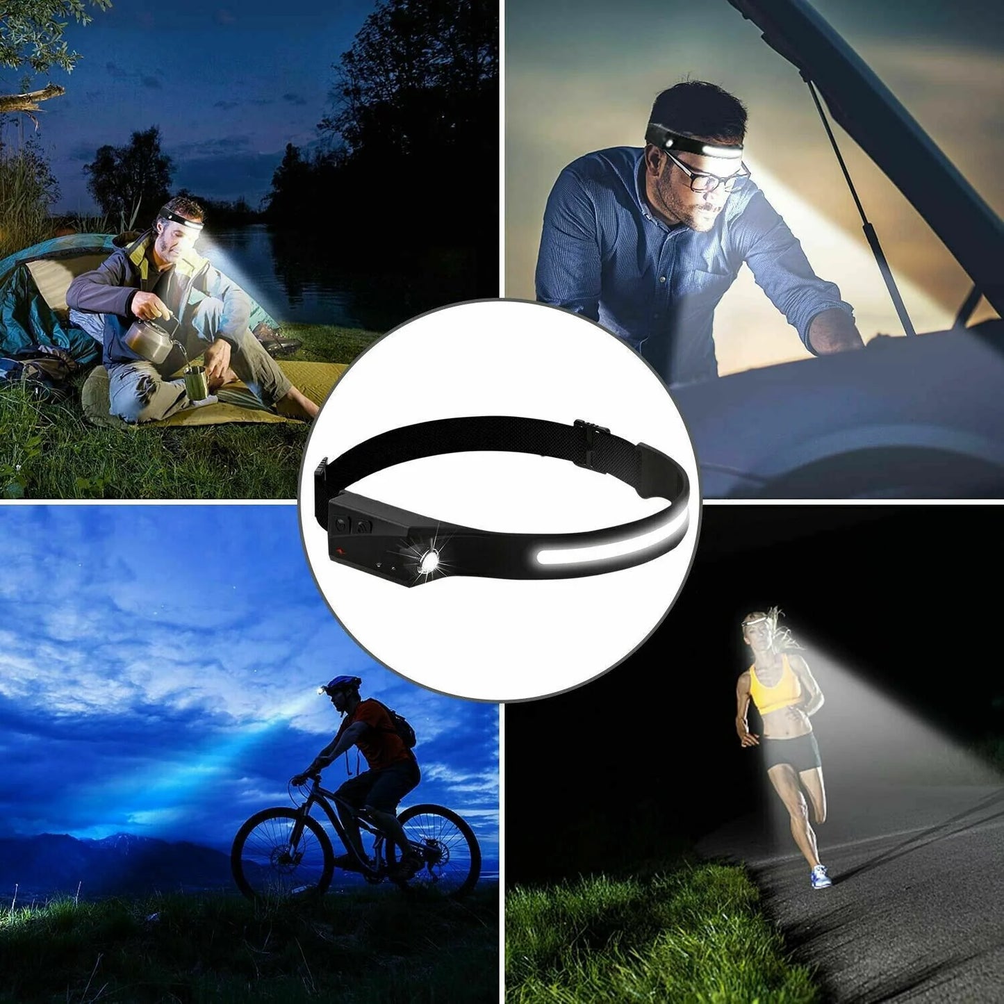 COB LED Headlamp USB Rechargeable Headlight Torch Work Light Bar Head Band Lamp